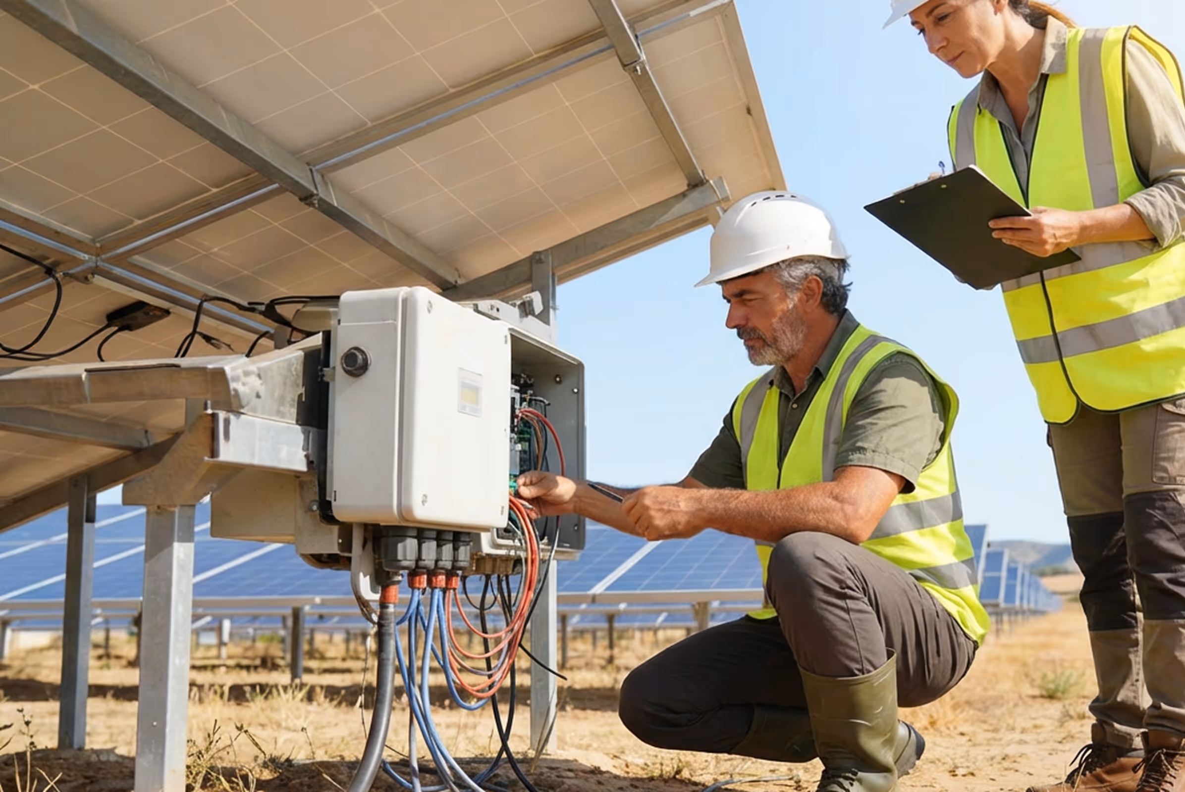 Two technicians in safety vests and helmets inspecting electrical equipment under solar panels in a solar farm.