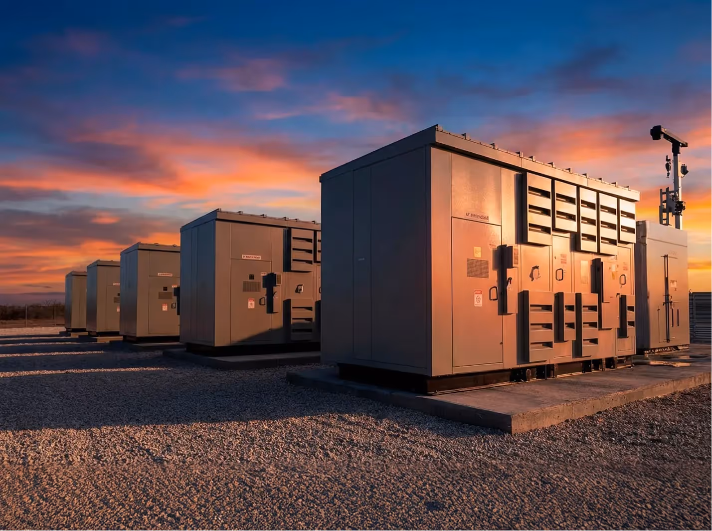 Large industrial battery storage units installed outdoors under a colorful sunset sky.