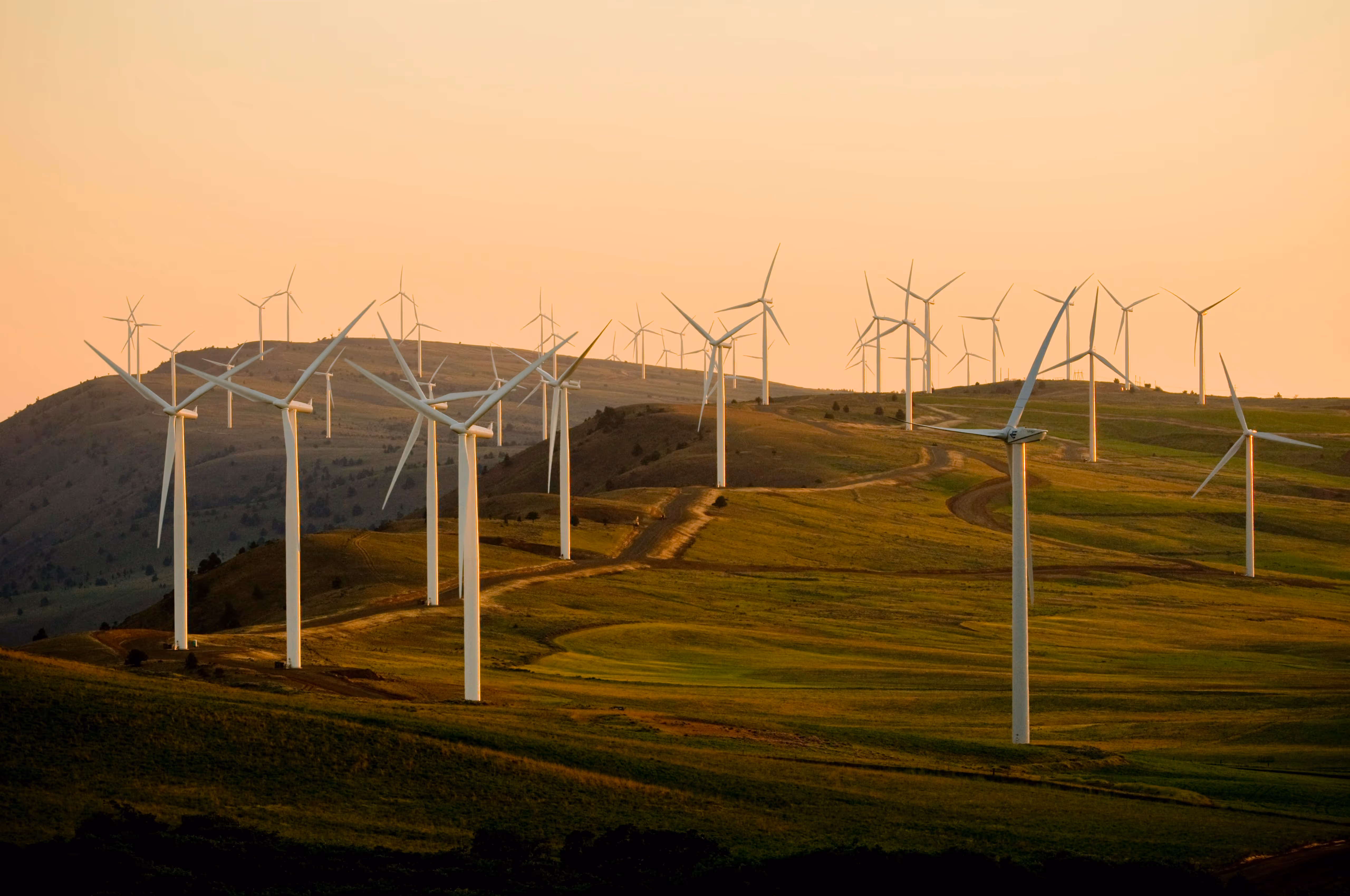 Wind turbines spread across rolling green hills under a warm orange sky at sunset.